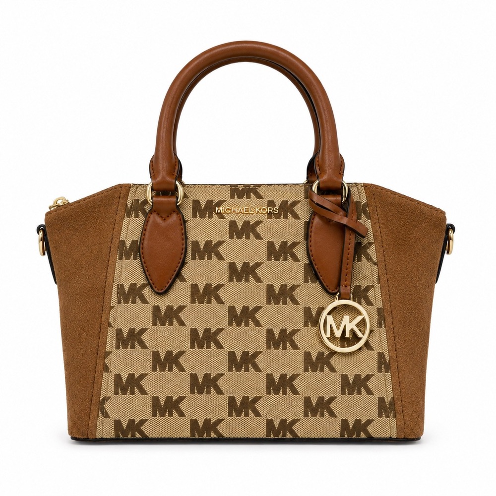 Michael Kors Sienna Small Satchel Beige Ebony Logo Canvas Suede 38T6G4SS1J